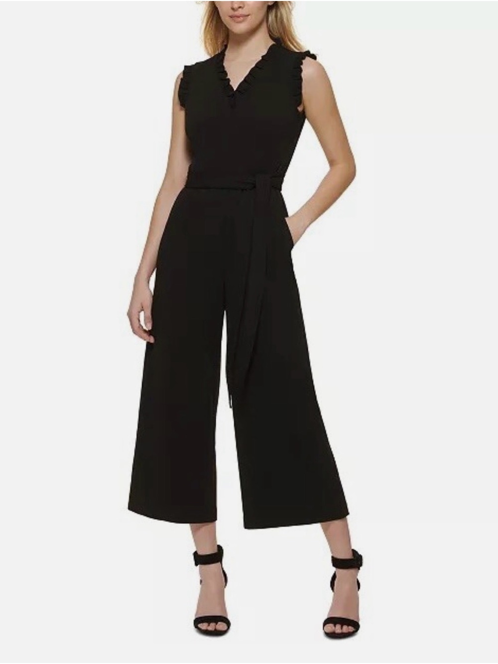 Calvin Klein Black Sleeveless Wide-Leg Jumpsuit with Tie Belt